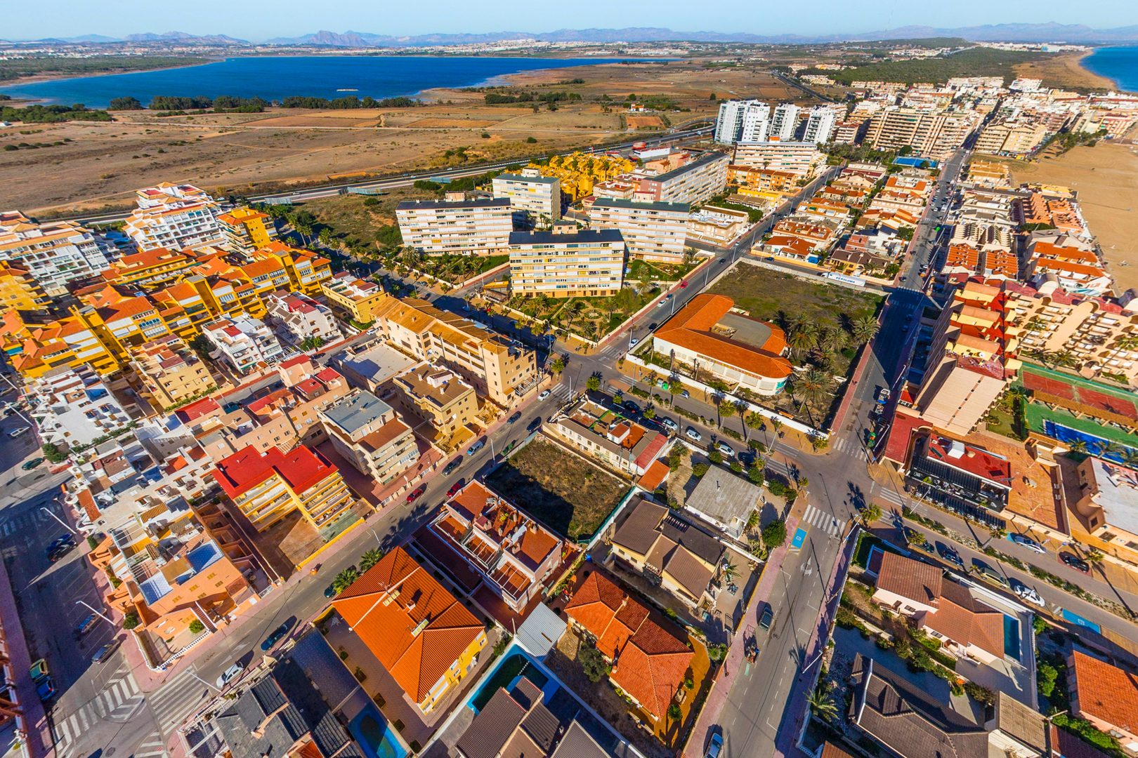 Aerial drone view of Torrevieja coastline and beaches